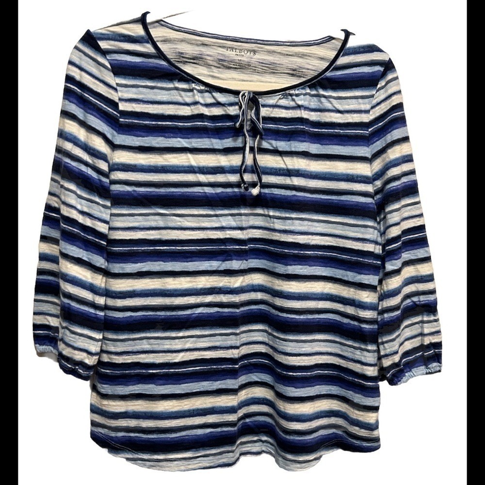 Talbots Blue White Striped Round Neck Tie Blouseβ LP Petite Large 3/4 Sleeve Top